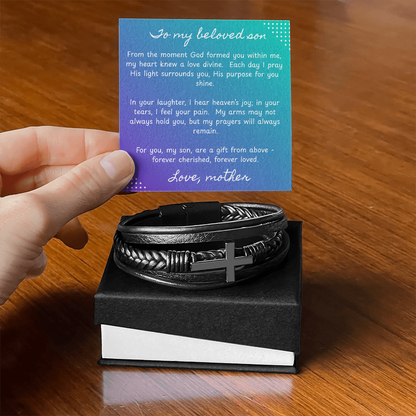 To My Beloved Son - His Light Surounds You - Vegan Leather Cross Bracelet