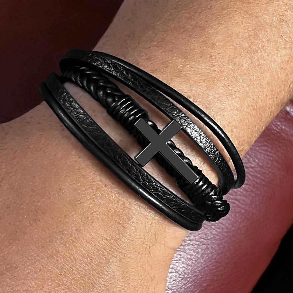 To My Beloved Son - His Light Surounds You - Vegan Leather Cross Bracelet